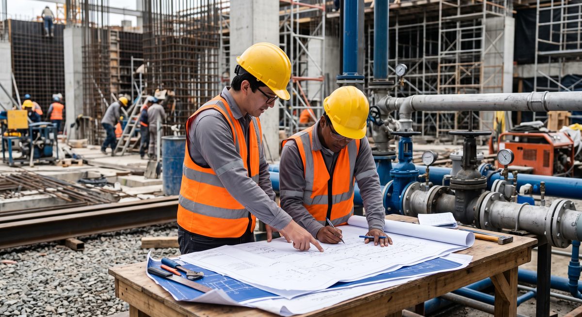 Ingenieros de Villabón Construcciones revisando planos en obra